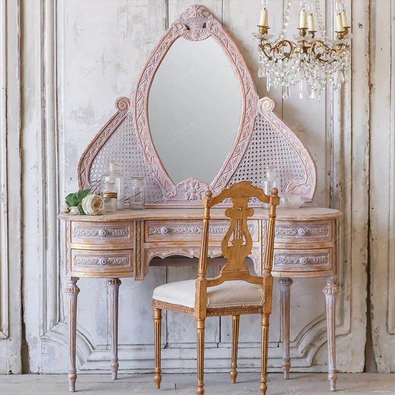 

Country Solid Wood Dressing Table Hand Carved Antique Neoclassical Makeup Mirror French Entry Lux Princess Dressing Table