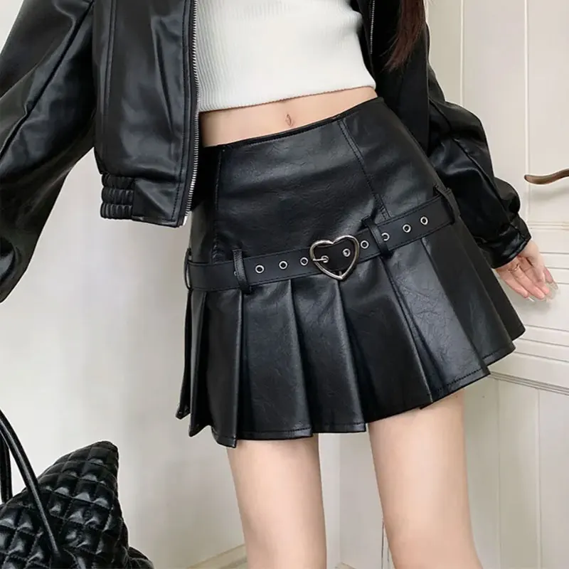 Hotsweet American Pleated A-Line Mini Skirts Female Clothing Vintage High Waist Autumn Faux Leather Heart Buckle Belted Skirts