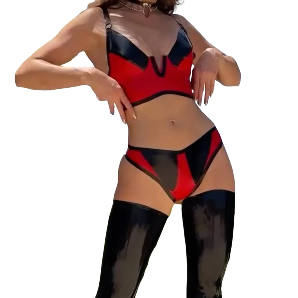 MUZISKAT Fashion Spicy Girl Color blocked PU Lacquer Leather Slimming and Styling Sexy Underwear Split Two Piece Set