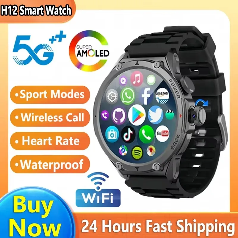 Latest Model H12 Smart Watch 4G SIM Card Android 180°Rotatable Camera Google Play 1.6'AMOLED GPS WIFI APP Download Men women