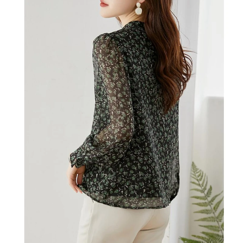 Women Clothes Hollow Printed Elegant Stand Collar Blouses Spring Autumn Fashion Long Sleeve Loose Shirts Chic Chiffon Tops Blusa