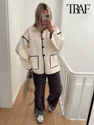 TRAF Women Fashion With Pockets Contrast Loose Woolen Jacket Coat Vintage Long Sleeve Button-up Female Outerwear Chic Tops