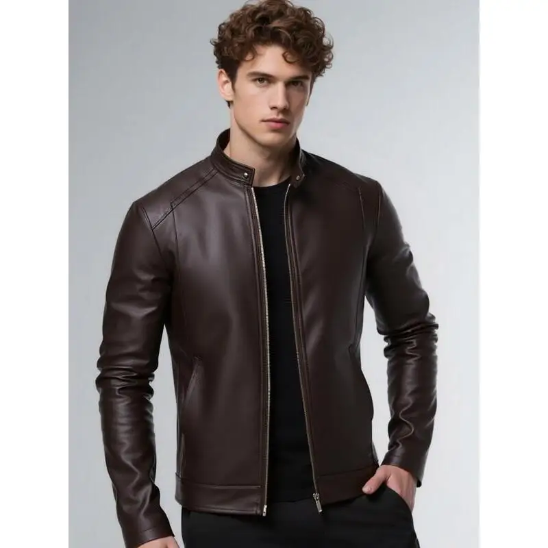 Men's Color Stand Collar Zip up Pu Leather Jacket Five Sleeve Long Other Material Composition Non-deformable Summer New
