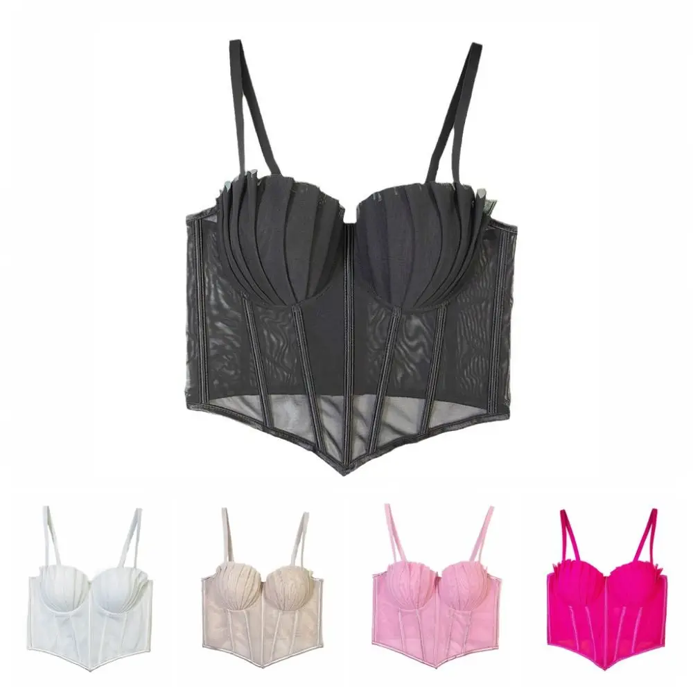 Fashion Pleated Mesh Camisole Transparent Slim Fit Y2k Crop Tops Sleeveless Suspender Vest Ladies