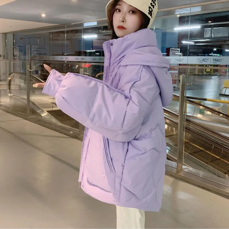 韓国スタイルの女性の厚い暖かいダウン綿ジャケットカジュアルフード付き秋冬綿入りアウターウェアパープル女性パーカー