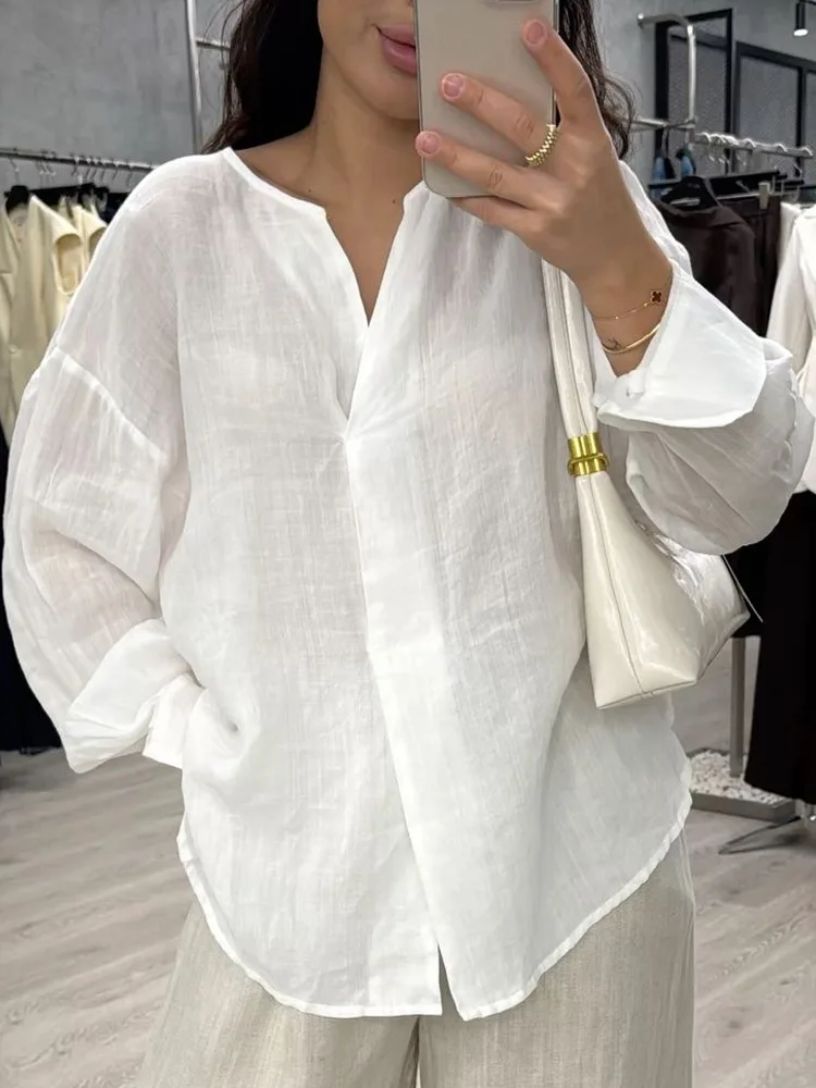 

Autumn Long Sleeve Cotton Shirts V Neck Solid Color Boho Blouses Femme Loose Fit White Shirts Top