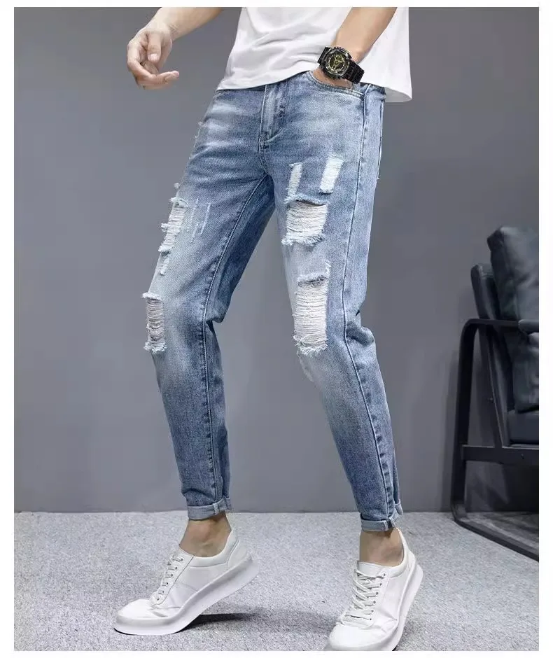 Street vintage ripped jeans 2024 fall new men's fashion brand slim feet all match personality nine point pants