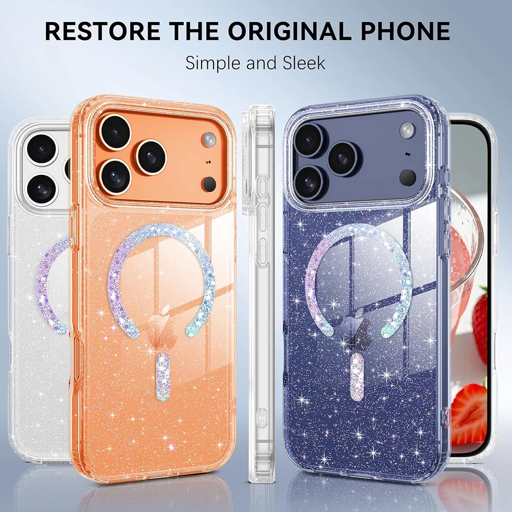 Nueva Funda Magnética Transparente con Brillantina y Anillo para iPhone 17 16 15 14 13 12 Pro Max Air 17 16 15 Pro, Estilo Lujoso y Ligero