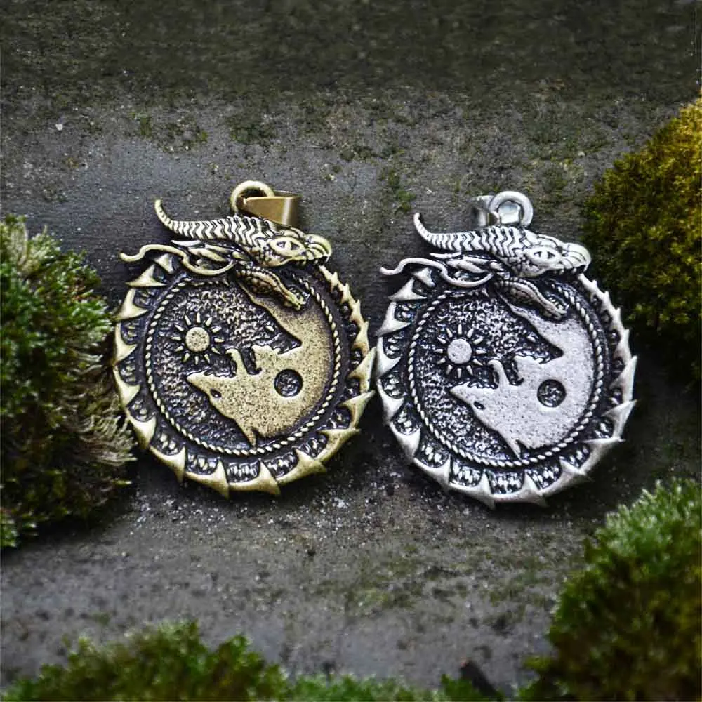 Nostalgia Wolf And Ouroboros Dragon Pendant Moon Sun Viking Jewelry Mens Vintage Necklace
