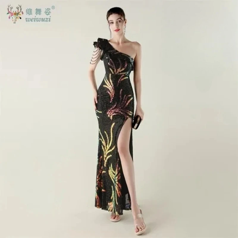 

Fashion Sexy Unilateral Cuff Sequin Wedding Party Dress Hot Exquisite Luxury High Slit Sexy Slit Fishtail Dress Evening Gown