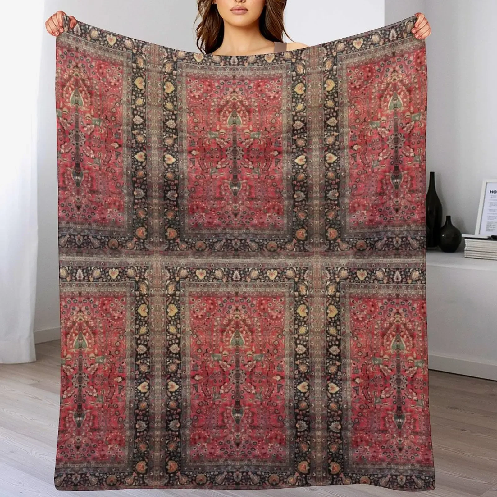 

Antique Persian Red Rug Throw Blanket Stain Resistant Cozy Warm Blanket