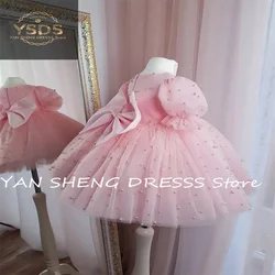 Cute Pink Flower Girl Dresses Knee Length Tulle Pearls Child Wedding Birthday Party Bow Toddler Ball Gown