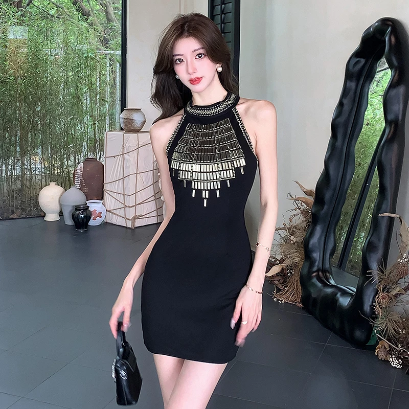 Black Elegant Sexy Sleeveless Hanging Neck Small Tank Top Dress Summer Pure Desire Spicy Girl Party Slim Vestidos Pencil Skirts
