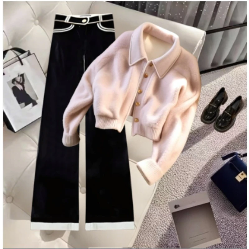 الخريف الشتاء الكورية نمط أنيق الراقية واحدة الصدر معطف قصير الاسترخاء بنطلون المألوف قطعتين مجموعة للنساء #1
