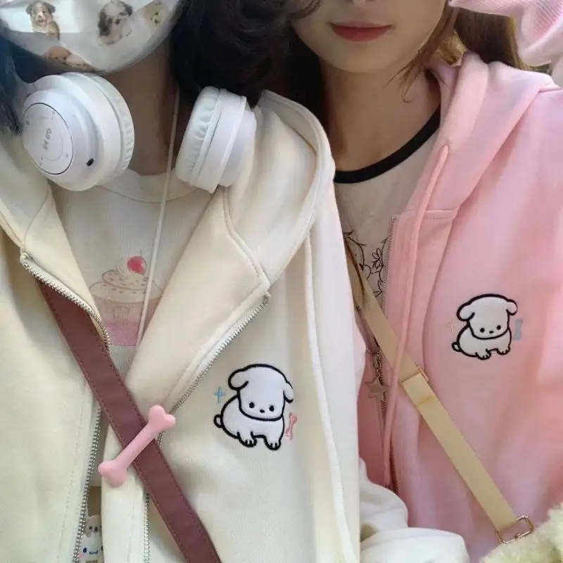 Sudadera con capucha de Anime Sanrios con cremallera Kawaii Pochacco para mujer, sudaderas japonesas Y2K de lana color Beige dulce, chaqueta con capucha de estilo coreano para niñas