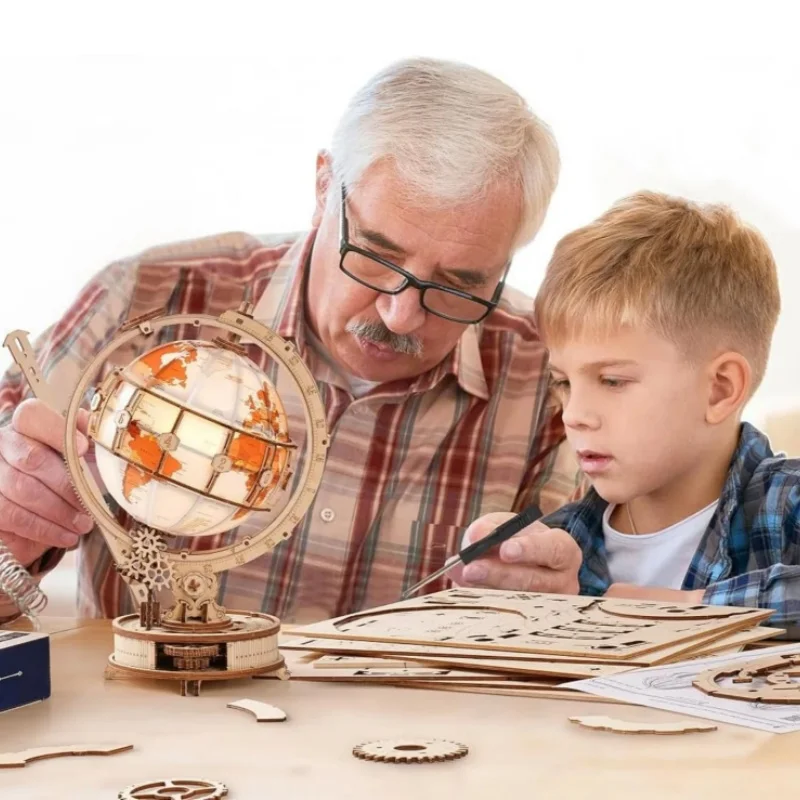 Robotime Wooden Puzzles Luminous Globe ST003 Toy Building Sets Wooden Globe Model Kits with LED Light for Adults