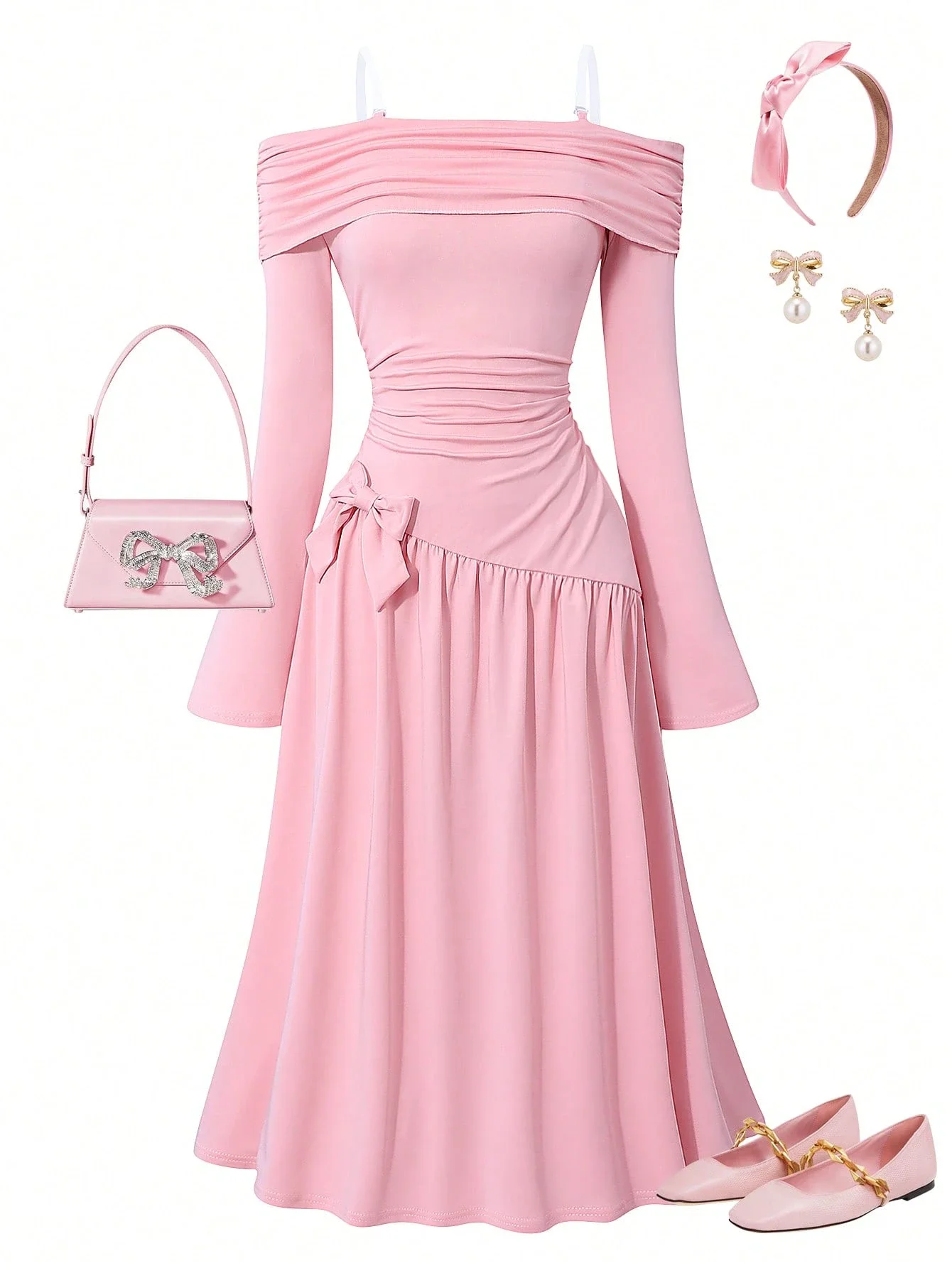 

Платье миди с открытыми плечами, драпировкой на талии, бантом и расклешенными рукавами для женщин