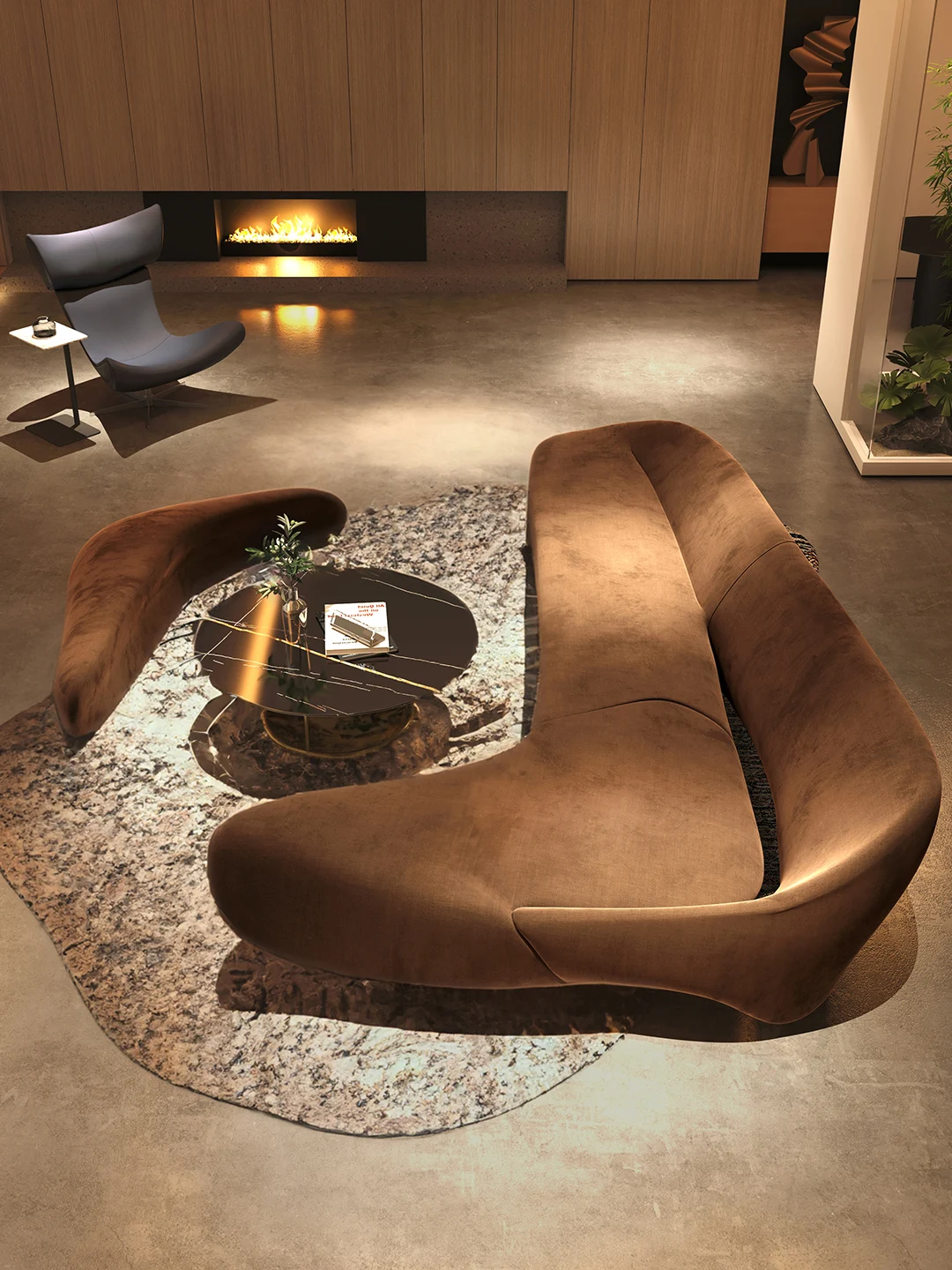 Luxury Moon Sofa with Irregular Corner Living Room, Simple and Modern Luxury Brown Coffee Matte Technology Cloth Comb