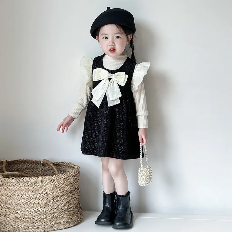 

White Turtleneck Top Black Tweed Pinafore Large Bow Dress for Children Kid Girl Stylish Skirt Two Piece Set Ruffled Shoulder