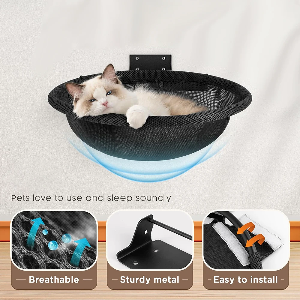 Wall Type Round Cat Hammock Black Mesh Is Breathable And Comfortable White Plush Soft And Durable Kittens Rest And Save Space