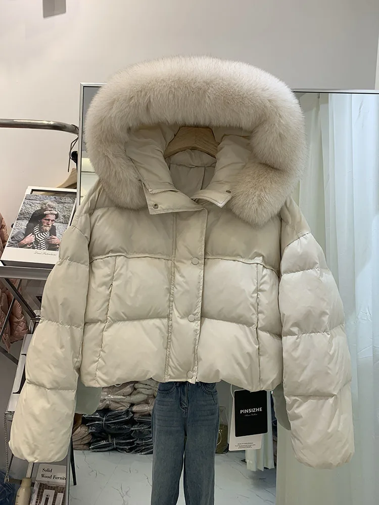 New Real Fox Fur Coat Hooded Fashion Winter White Duick Down Jacket Women Short Warm Simple Female Puffer Jacket Women