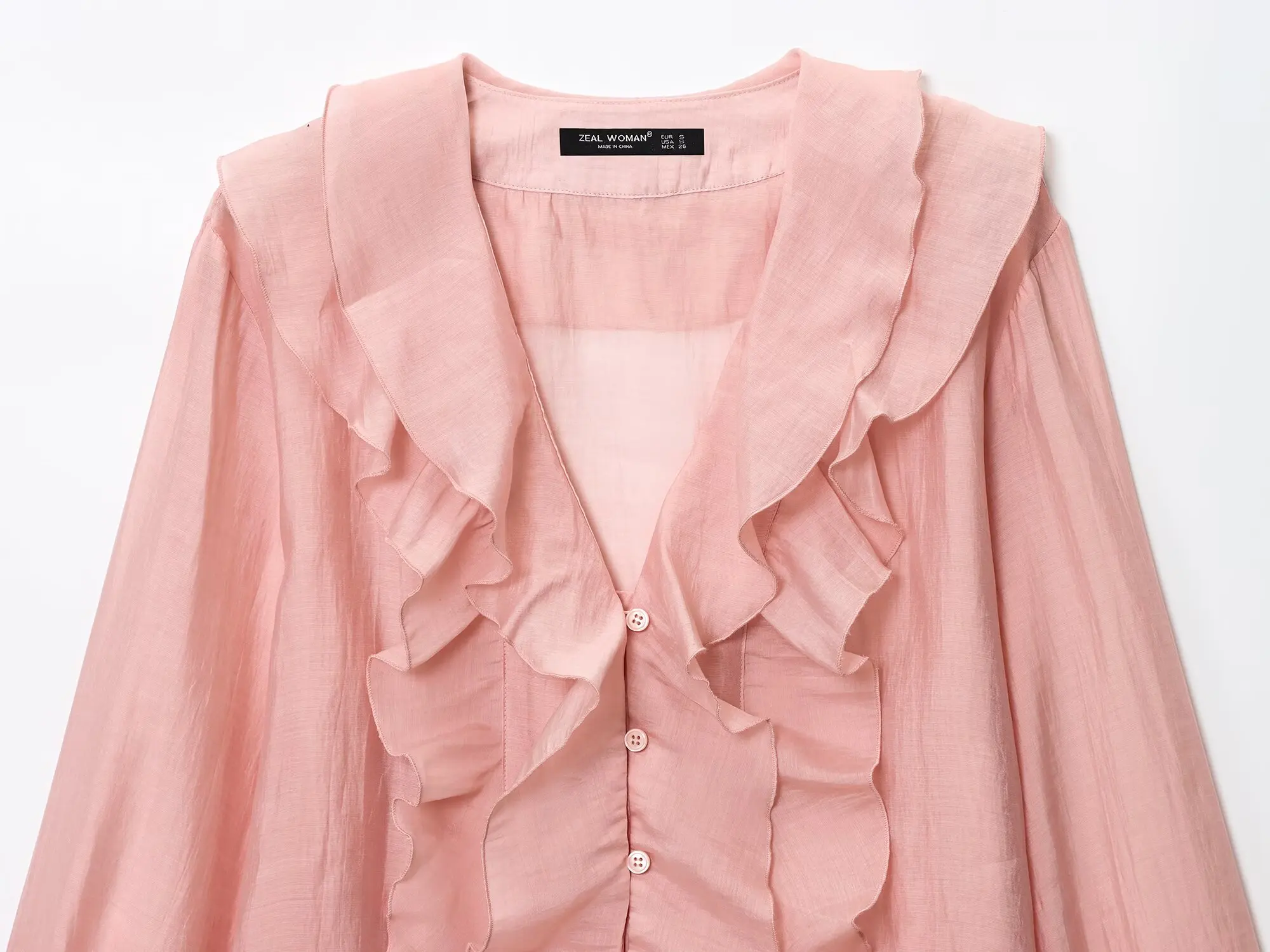 HH Französischer Stil Rosa Rüschenbesatz Bluse Damen V-Ausschnitt Knopfleiste Chiffon Elegant Sommer Urlaub Strand Business-Kleidung – Detail 4