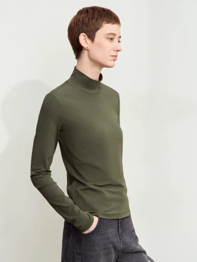 Amii بساطتها تي شيرت للنساء 2025 الخريف جديد وهمية الرقبة إلكتروني التطريز قميص قطني بكم طويل المحملة عادية سليم القمم 12423111 #4