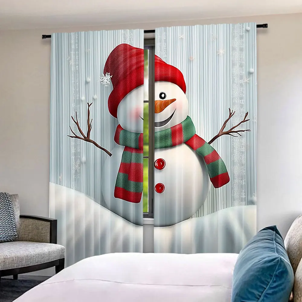 

2Pcs Christmas Snowman Curtains Snowman Snowflake Xmas Holiday Home Decor Window Suitable For Living Room Bedroom Kitchen