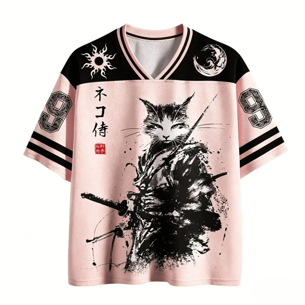 Latest 3D-printed Japanese Samurai Cat Pattern Quick-drying Men's and Women's Universal V-neck T-shirt for Casual Wear