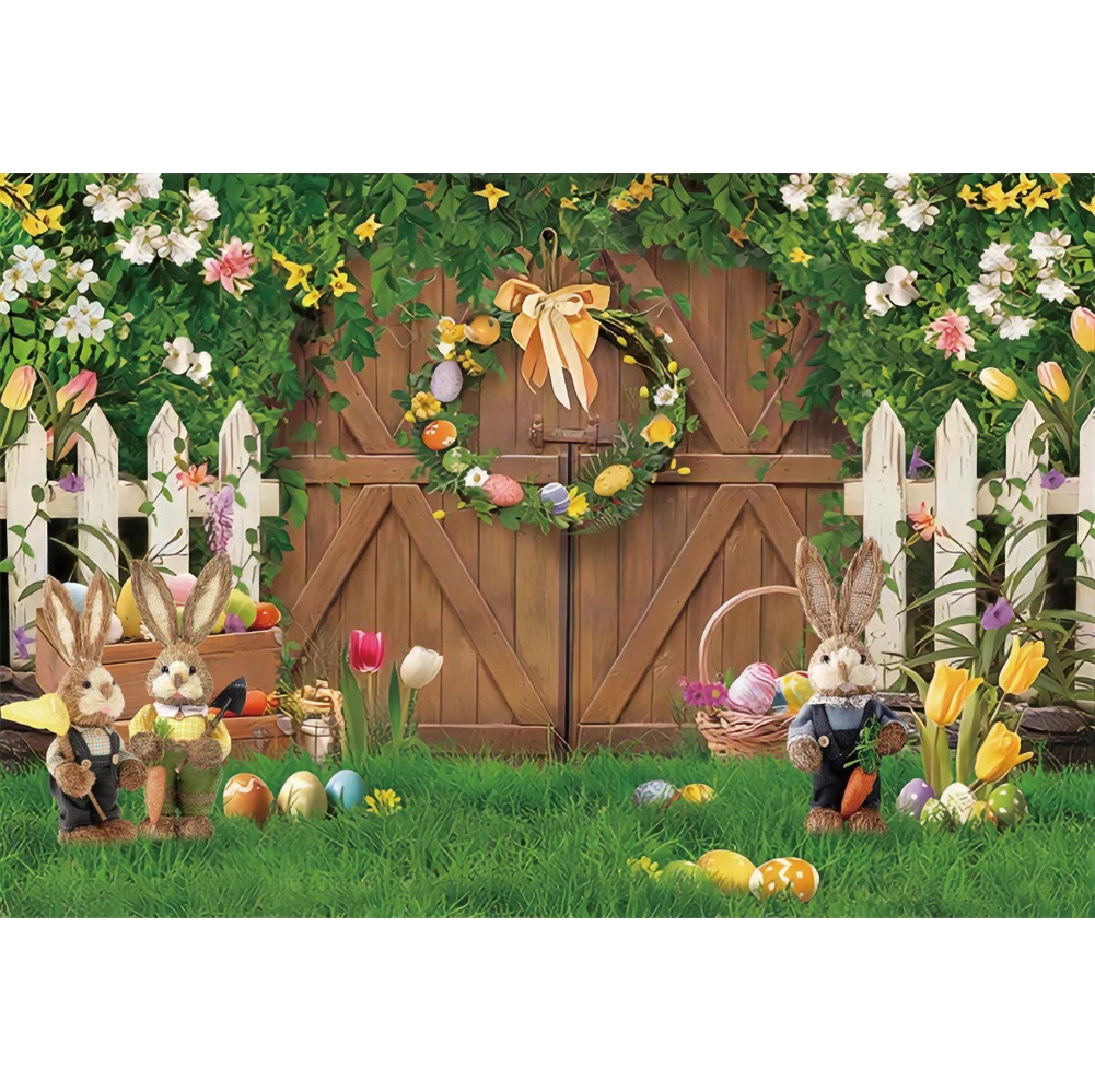 Spring Easter Rabbit Flower Eggs Wood Door Meadow Photography Background Happy Easter Party Decor Baby Portrait Photo Backdrops