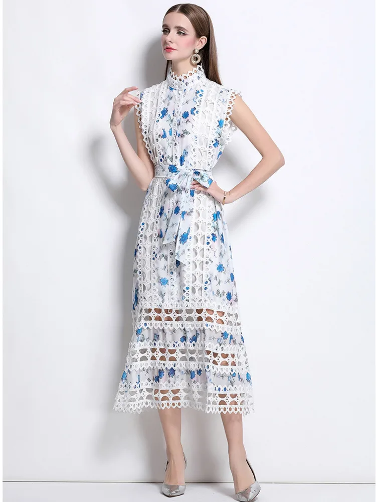 Vestido largo de verano con empalme de encaje calado, vestido largo sin mangas con cuello alto y estampado Floral con cordones y cinturón, Vestidos de fiesta sueltos, vestido largo