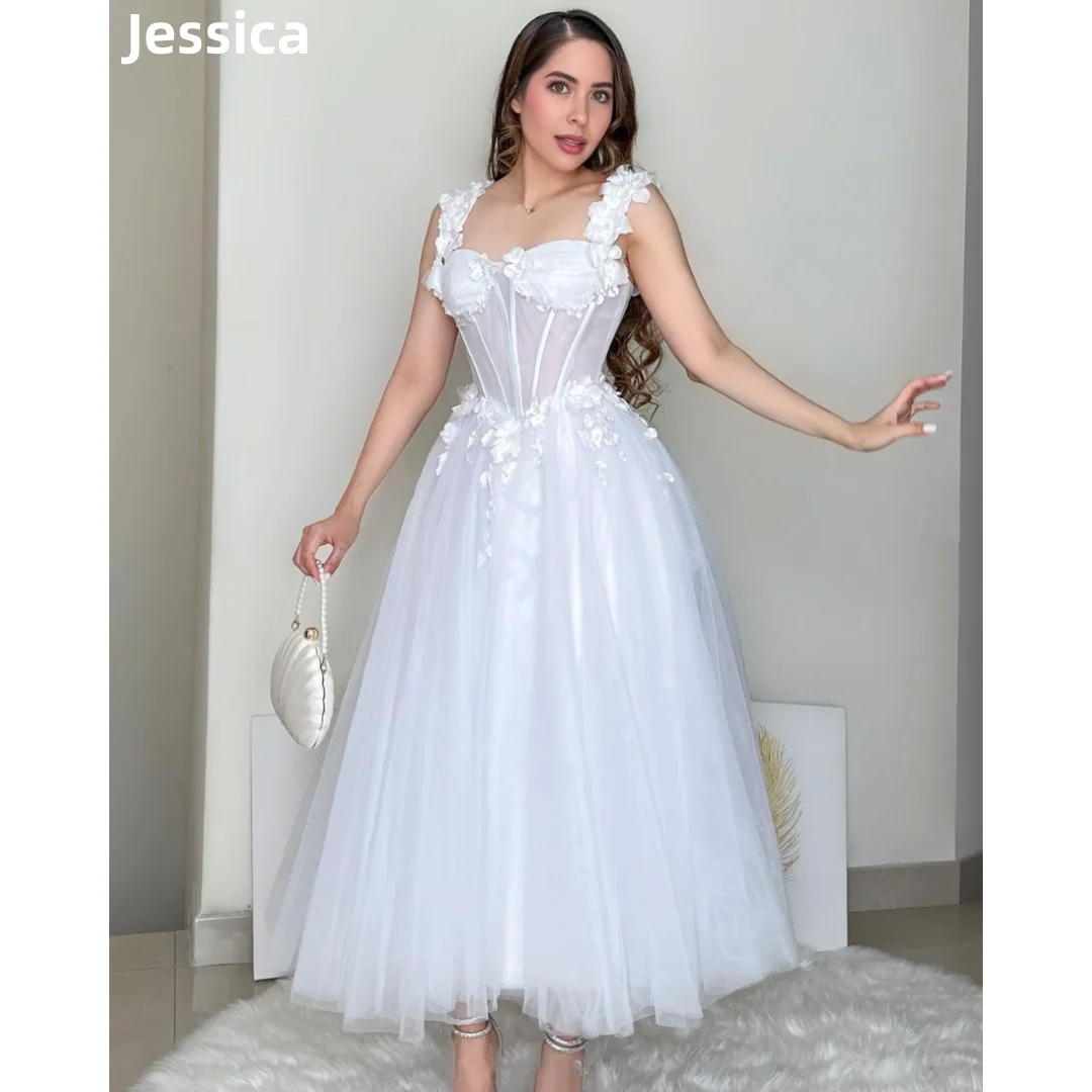 Jessica White Princess Prom Dresses 3D decals Fairy Evening Dresses Women\'s Wedding Dress Formal Party Dresses Vestidos De Noche