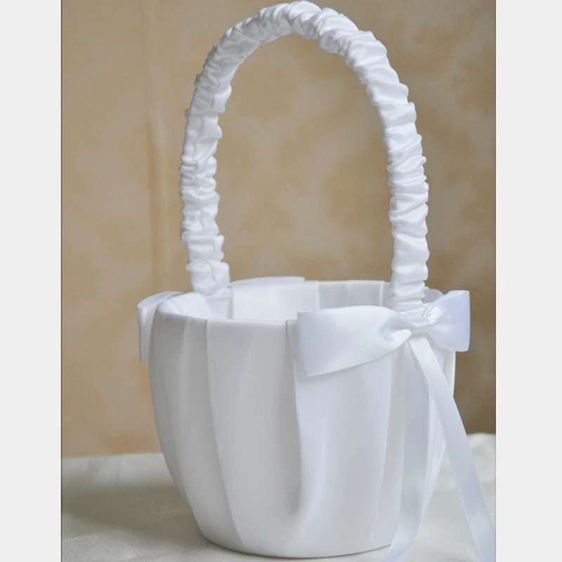 Romantic Bowknot White Satin Wedding Ceremony Party Flower Girl Basket