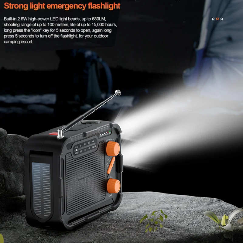 Hand Crank Solar Power Bank with FM/AM Radio Flashlight Portable Charger DC 5.0 Type C for iPhone 15 Huawei Xiaomi Spare Battery