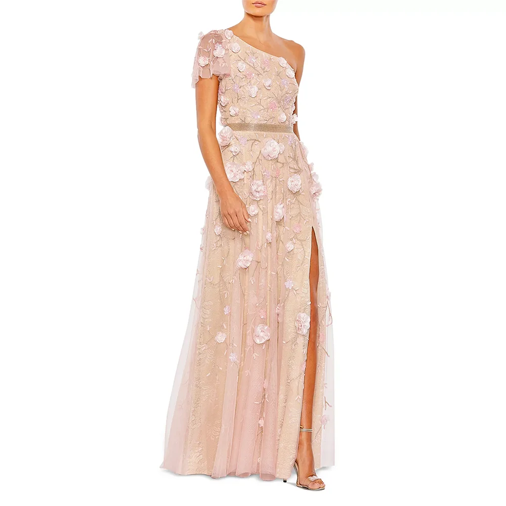 

Elegant One Shoulder Short Sleeves Evening Dresses Hand Made Flower Tulle A-line Floor Lengt Prom Gowns Customzied Party Dress