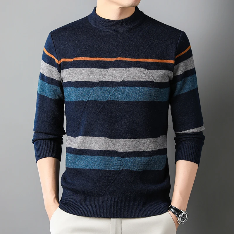 

Men's 100% Woolen Multicoloured Striped Sweater round Neck Slim Fit Casual Knit Pullover for Autumn Breathable Logo Decoration