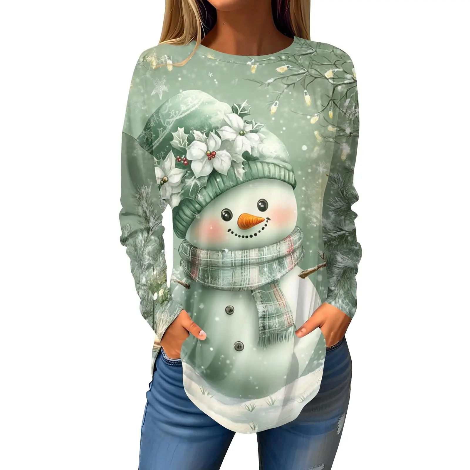

Christmas Limited Edition Women's 3D Gradient Color Snowman Print Round Neck Long Sleeve T-shirt Fashion Casual Long Sleeve Top