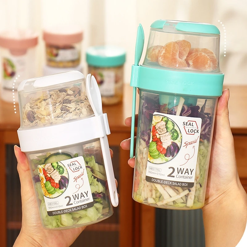 Tazas de desayuno on The Go de 560/760ml, taza para ensalada con tenedor, Yogur, cereales, avena durante la noche, aperitivos, contenedores perfectos
