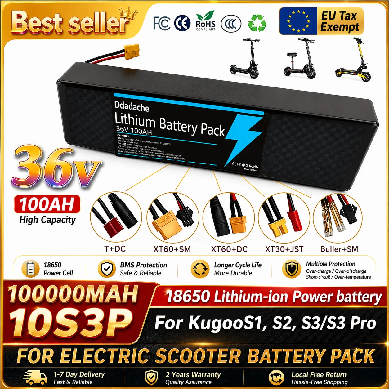 Hochleistungsfähiger 100000mAh 36V 10S3P 18650 Lithium-Akku, 500W, integriertes BMS mit Mehrfachschutz, geeignet für KUGOO S1 S2 S3 Scooter