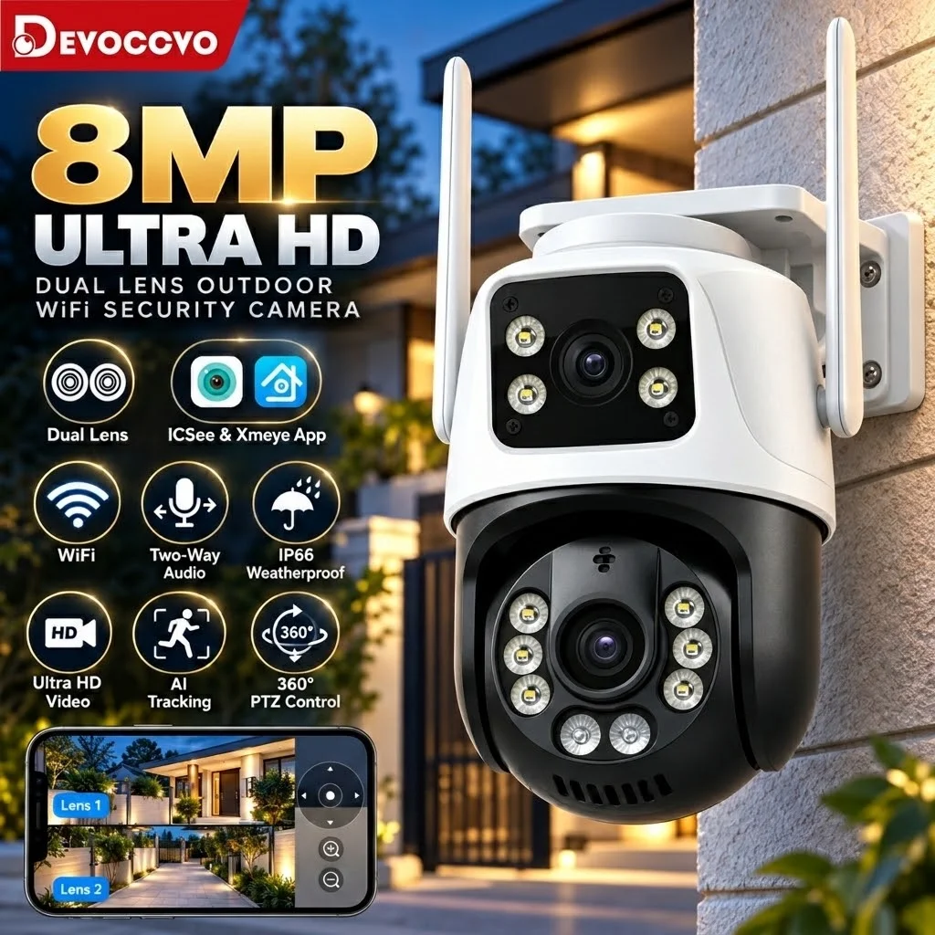 4K 8MP Outdoor Wireless Security Camera Dual Lens Dual Screen AI Human Detect Auto Tracking PTZ Wifi Survalance Camera iCSee App