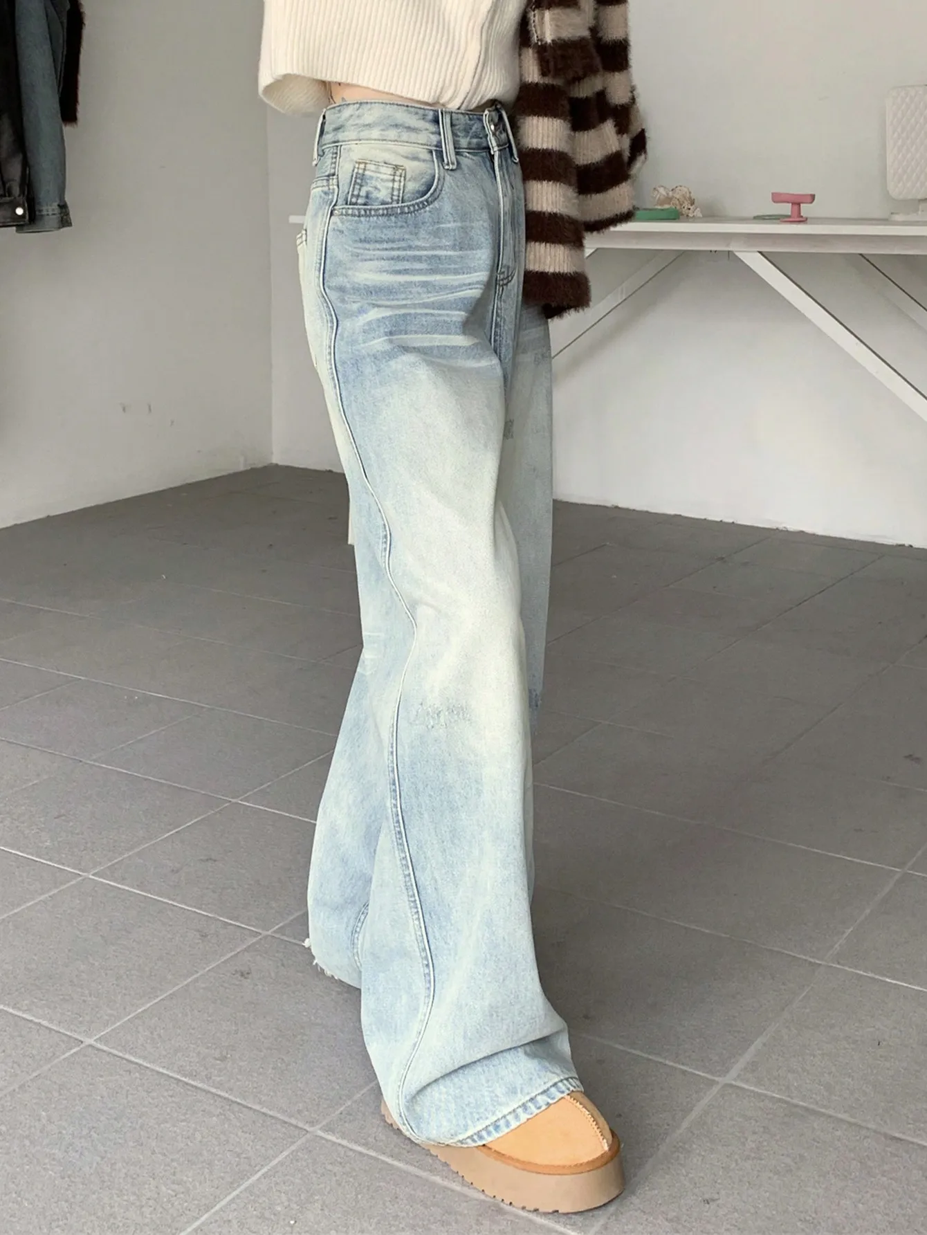 Retro Washed Blue Wide Leg Pants High Waist Loose Fit Straight Cut Denim Jeans for Short Women Summer Chic Ladies Jeans