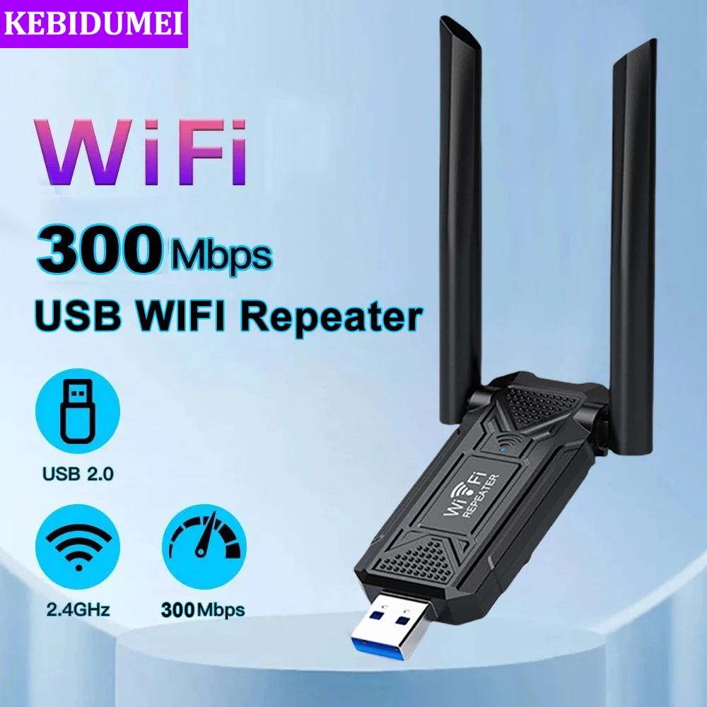 USB Wireless WiFi Repeater, 2 Antena, 2.4G Range Extender, Wi-Fi Signal Amplifier, 802.11N Adaptador de Placa de Rede para PC, 300Mbps