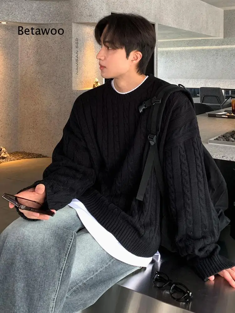 Mens Japanese Style Slub Pullover Sweater Warm Loose Top Korean Fashion Crew Neck Knitwear For Cold Winter Daily Casual Street