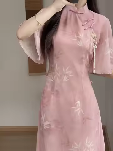 New Chinese Style Pink Qipao Dress 2025 Vintage Cheongsam Young Oriental Lady Evening Dress Summer Daily Vestido