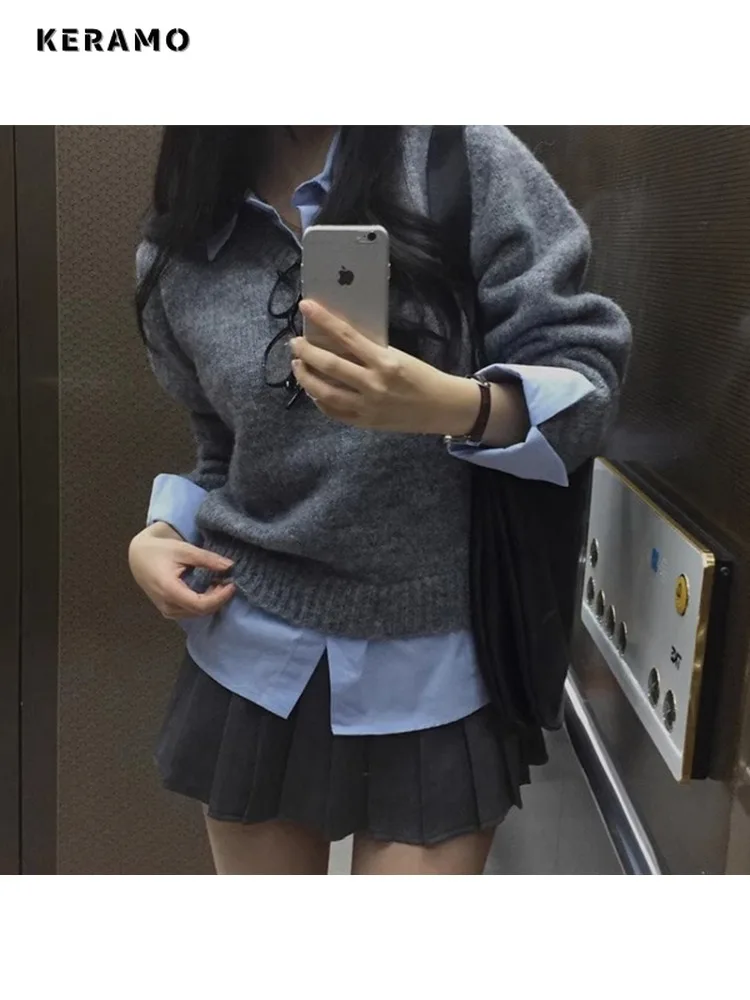 2025 Winter Korean Fashion Knit Long Sleeve Pullovers Women Casual Fake Two Piece Jumpers Y2K Patchwork Turn Down Collar Sweater
