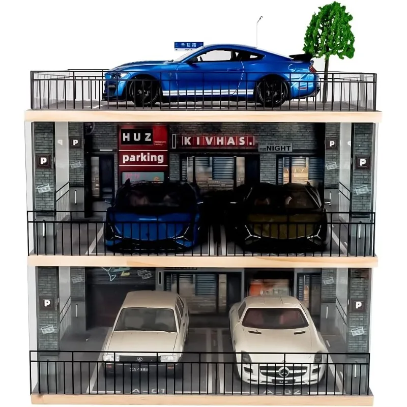 Model Car Display Case with Parking Lot Scene for Sports Car and Lego Models Collector, Display Stand for Alloy