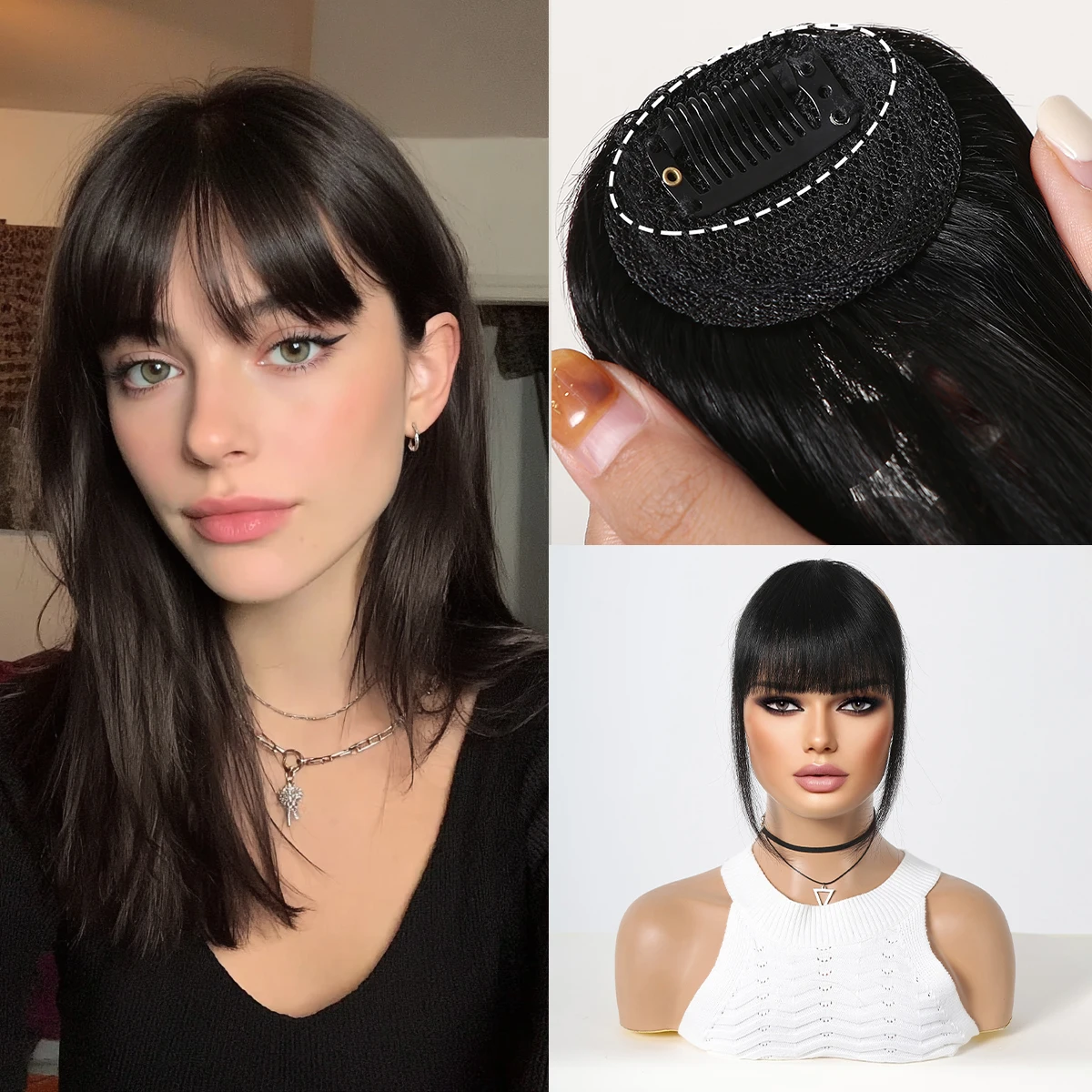 100% Remy Human Hair Fringe Bangs Clips in Natural Black Human Hair 3D Air Fringe Bangs Hairpieces for Women with Thinning Hair