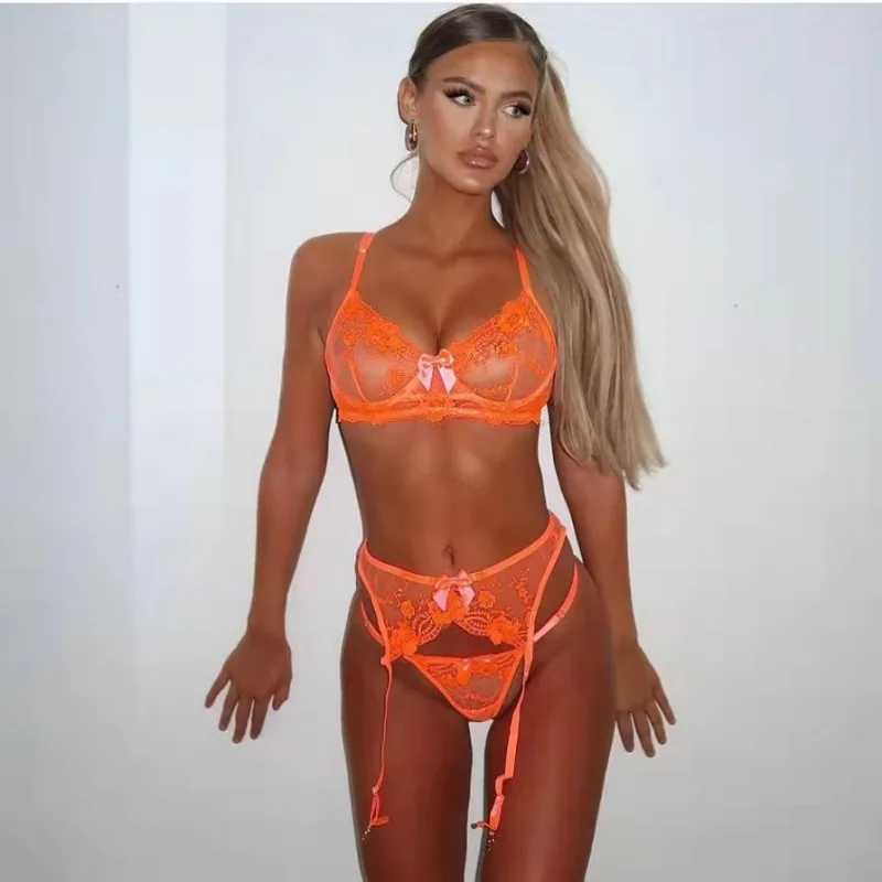 Кружевной бюстгальтер с вышивкой, трусики, подвязки, комплект из трех предметов, сексуальное женское белье, сексуальные трусики, женское сексуальное боди, комплект нижнего белья