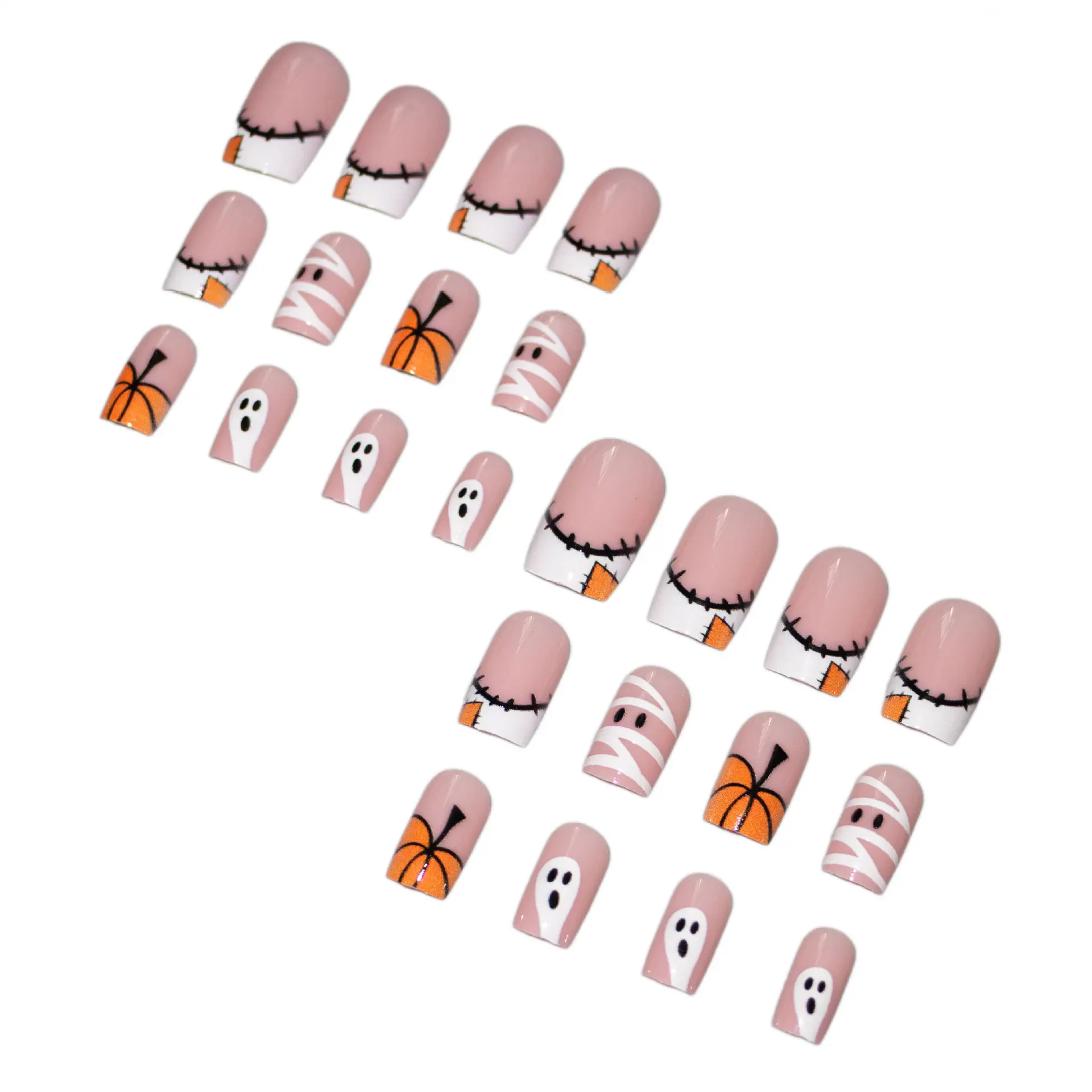 24 pezzi di punte per unghie finte corte di Halloween bordo bianco stampa francese sulle unghie indossabili staccabili zucca fantasma ragnatela unghie finte