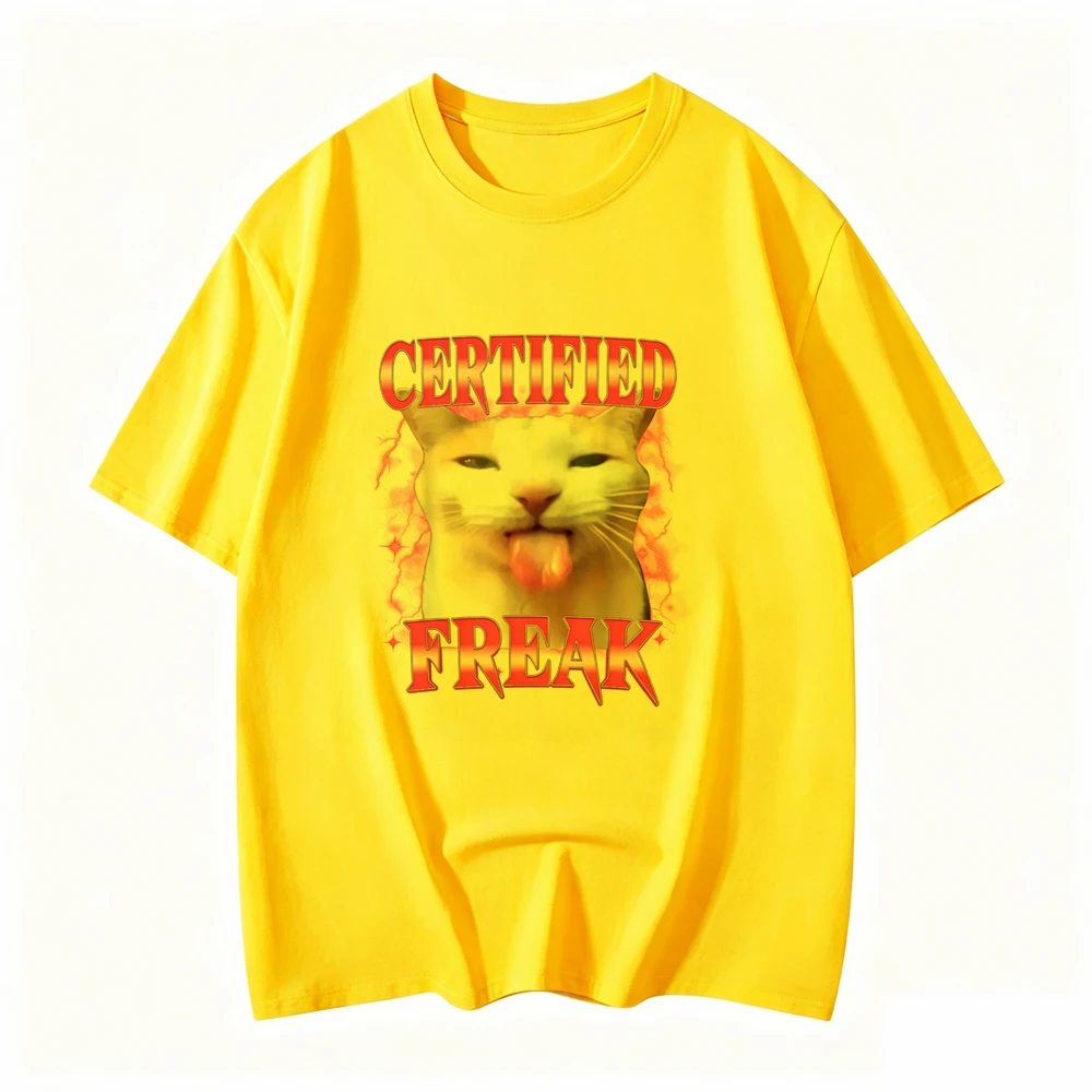 Certified Freak Eating Cement Unhappy Cat Funny Cat Expression Pack T-shirt Women's Summer Round Neck T-shirt Men's Y2K